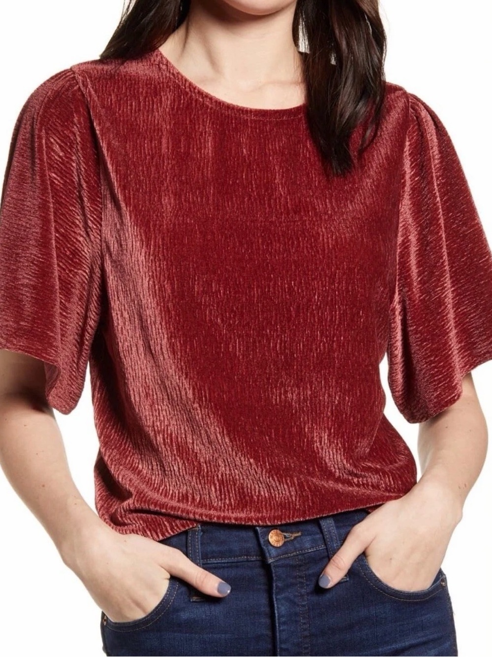 Texture & Thread by Madewell Crinkle Velvet Flutter Sleeve Top